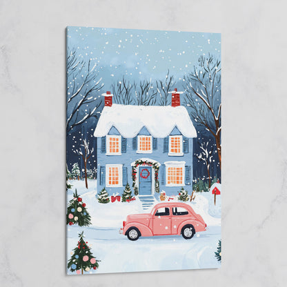Christmas Blue Cottage with Vintage Pink Car Canvas on gallery wrap
