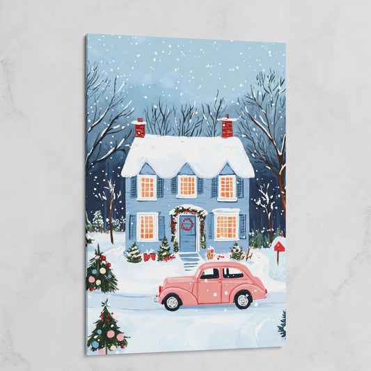 Christmas Blue Cottage with Vintage Pink Car Canvas on gallery wrap