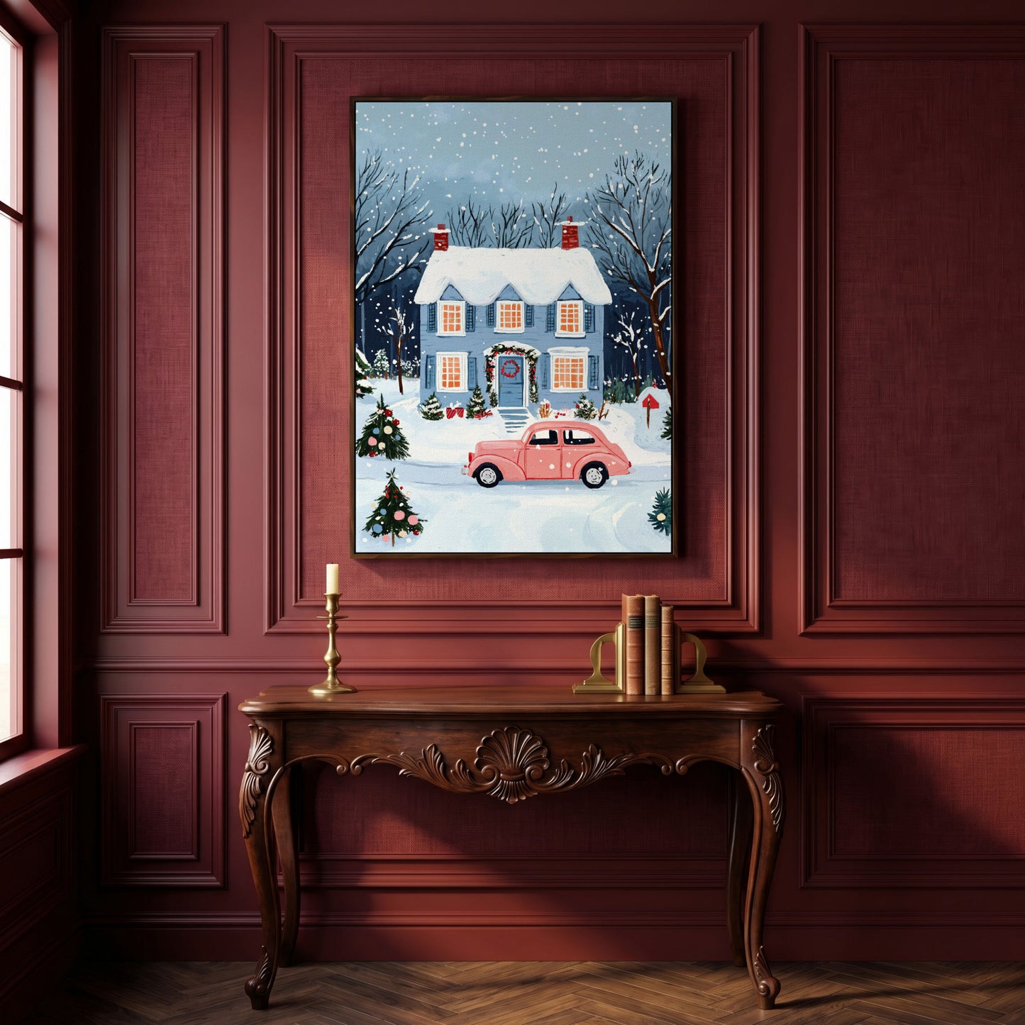 Christmas Blue Cottage with Vintage Pink Car Canvas in dark walnut floating frame