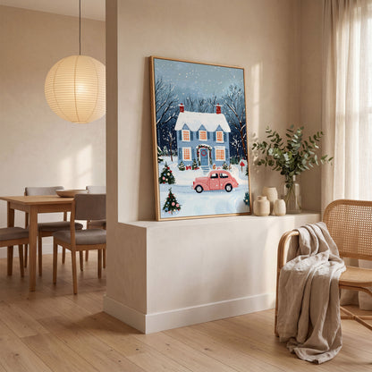 Christmas Blue Cottage with Vintage Pink Car Canvas in white oak floating frame