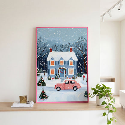 Christmas Blue Cottage with Vintage Pink Car Canvas in pink floating frame