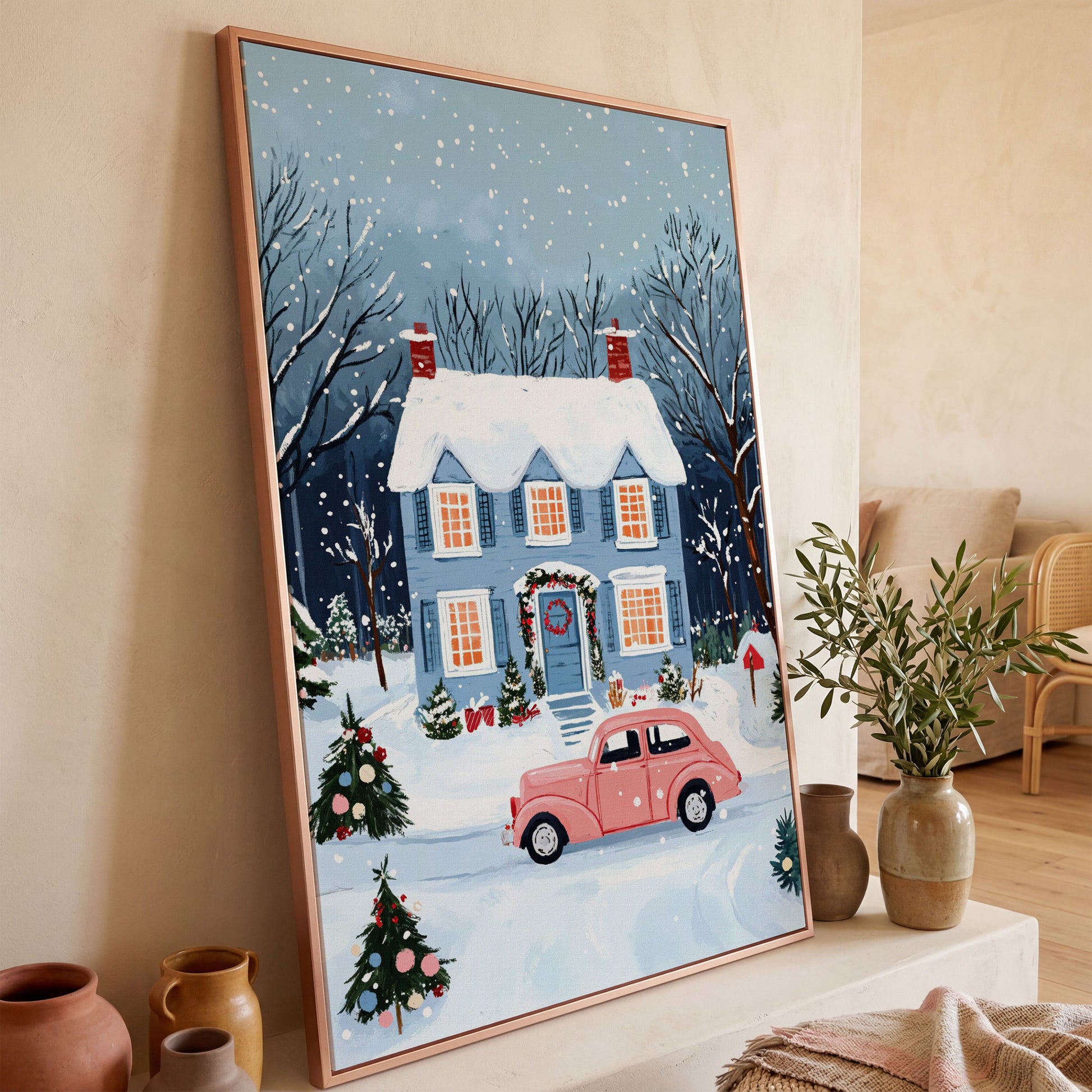 Christmas Blue Cottage with Vintage Pink Car Canvas in rose gold floating frame