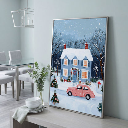 Christmas Blue Cottage with Vintage Pink Car Canvas in silver floating frame