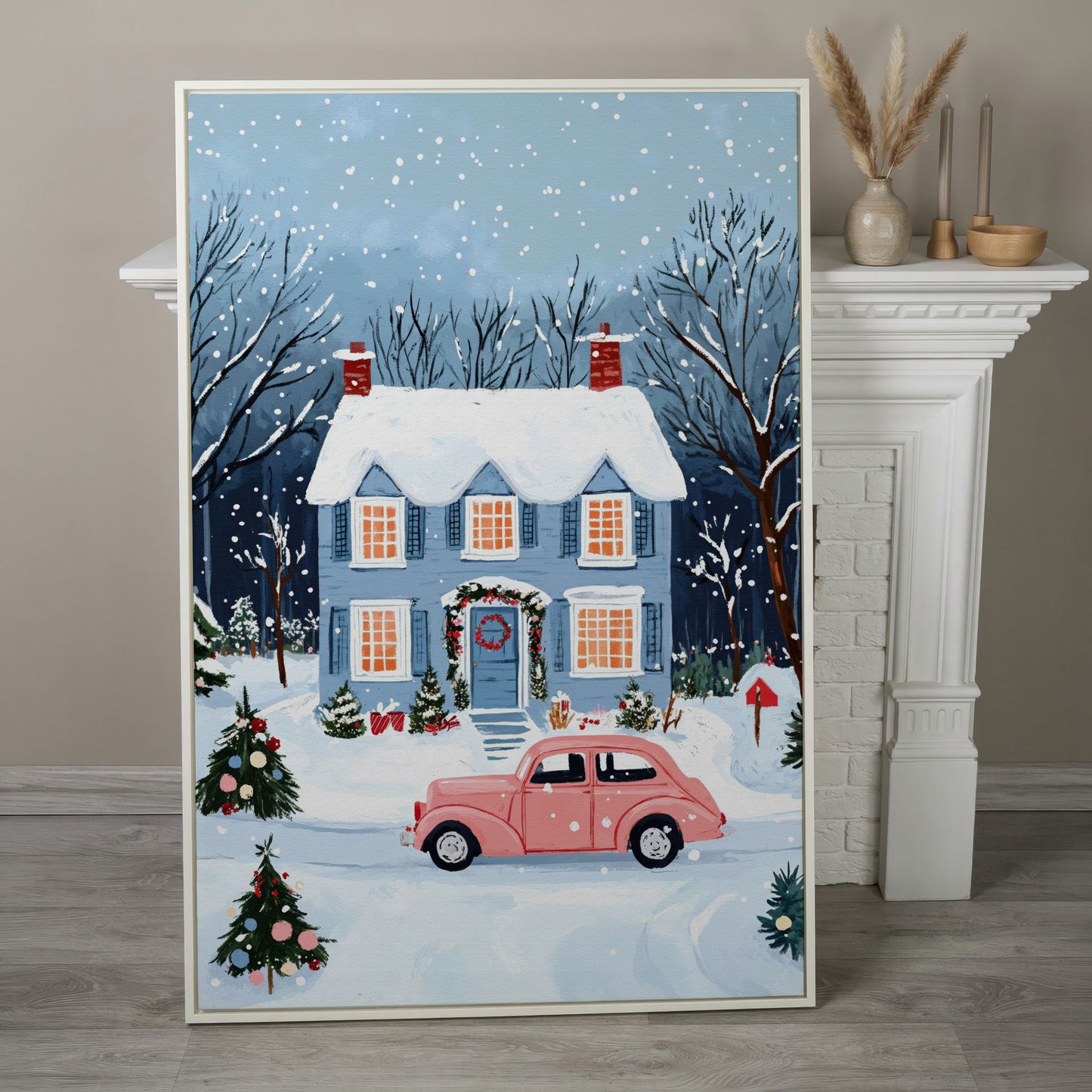 Christmas Blue Cottage with Vintage Pink Car Canvas in white floating frame