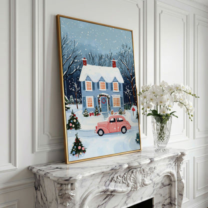 Christmas Blue Cottage with Vintage Pink Car Canvas in yellow gold floating frame