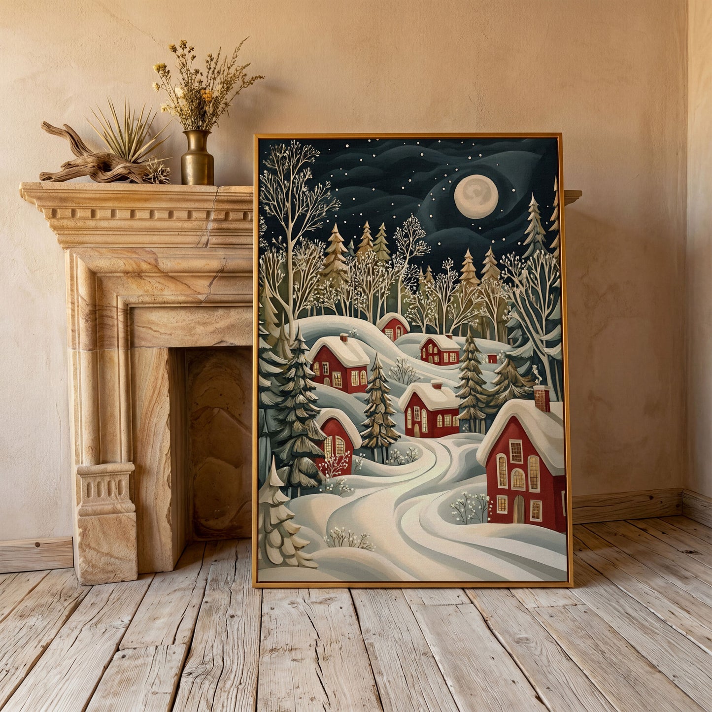 Red Christmas Village Canvas with Snowy Forest and Full Moon in antique gold floating frame