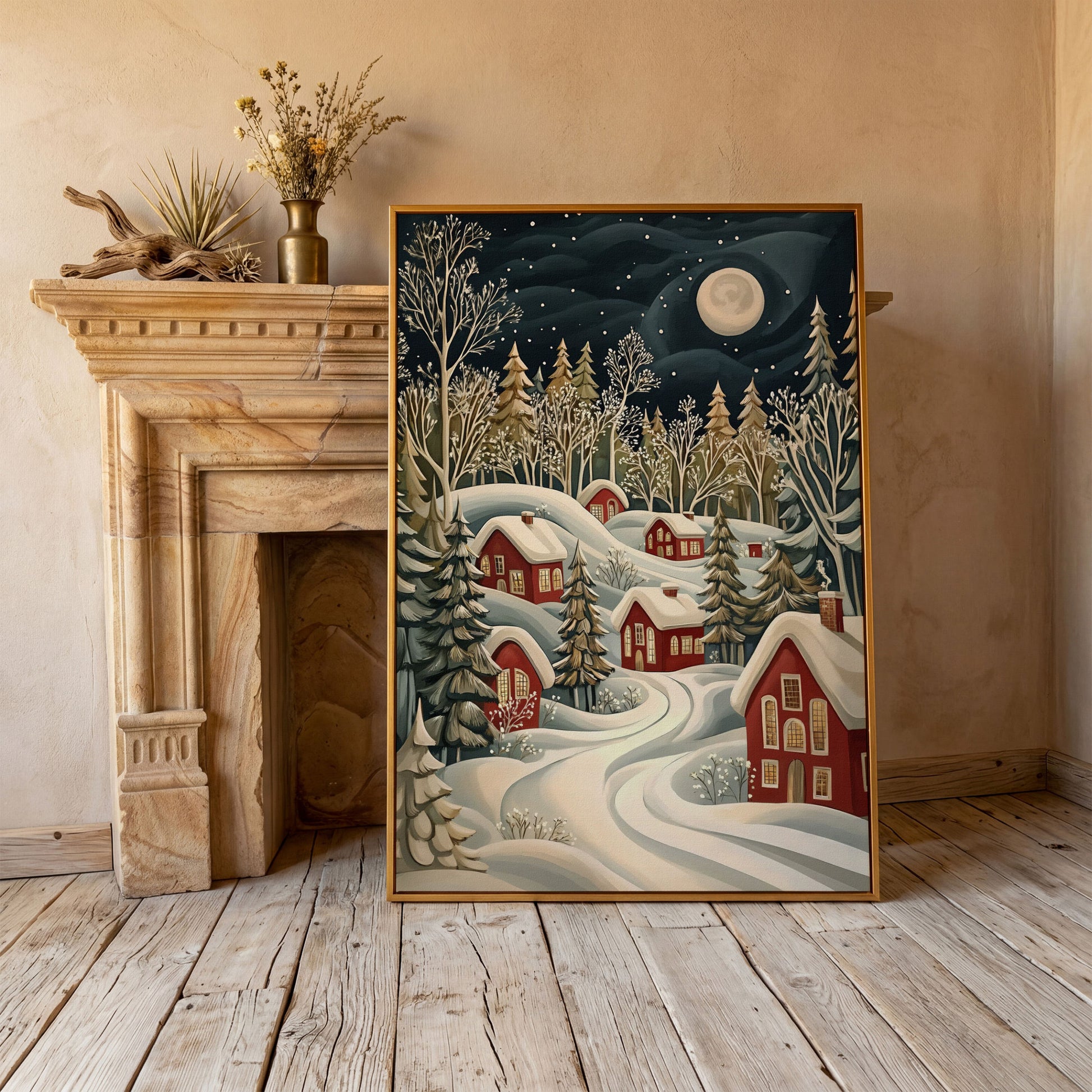 Red Christmas Village Canvas with Snowy Forest and Full Moon in antique gold floating frame