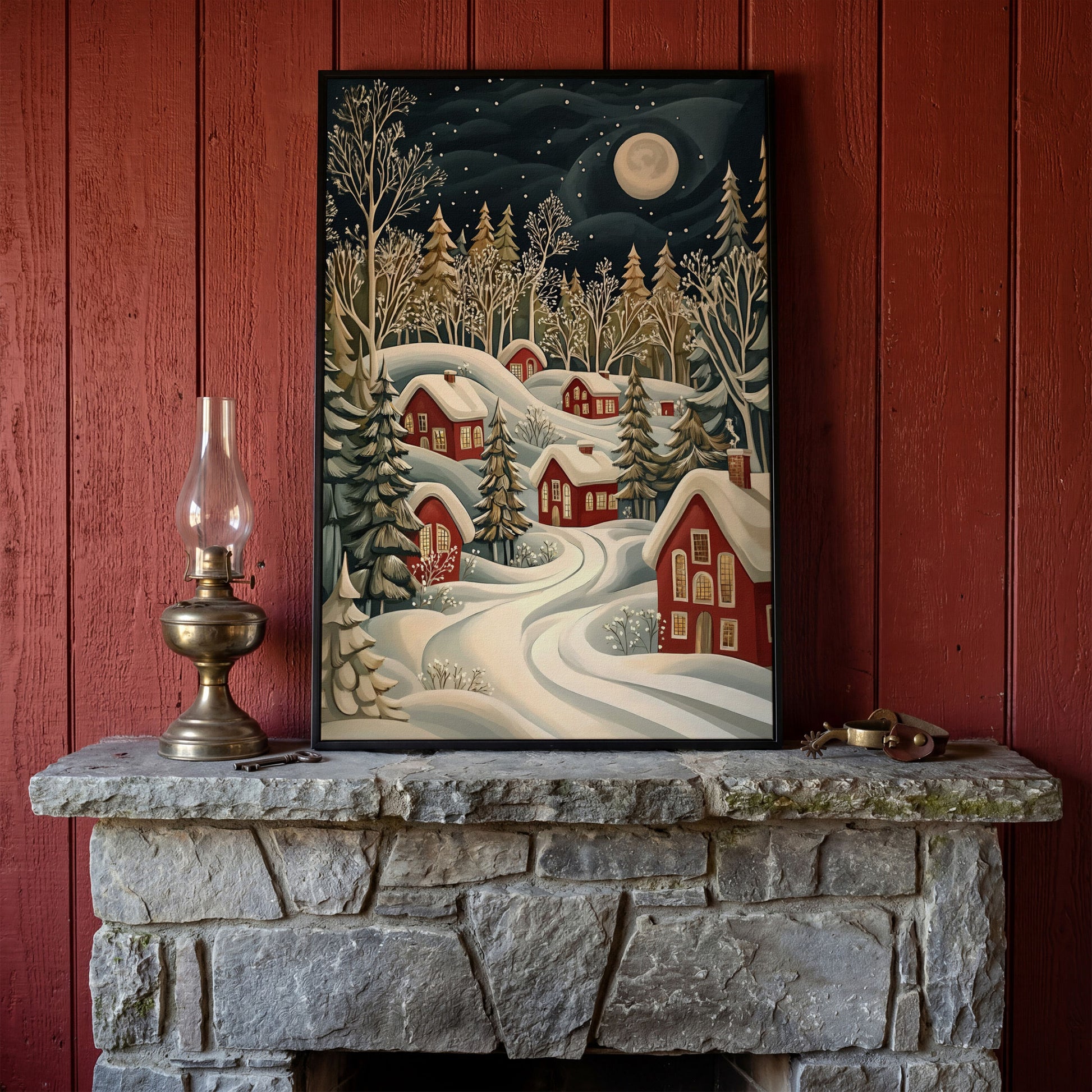Red Christmas Village Canvas with Snowy Forest and Full Moon in black floating frame