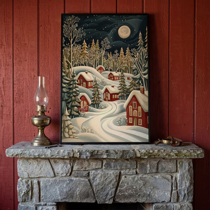 Red Christmas Village Canvas with Snowy Forest and Full Moon in black floating frame