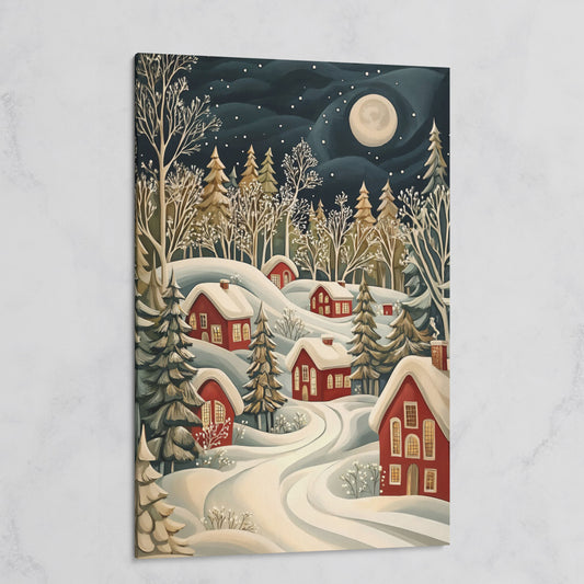 Red Christmas Village Canvas with Snowy Forest and Full Moon on gallery wrap