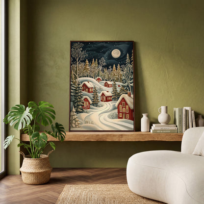 Red Christmas Village Canvas with Snowy Forest and Full Moon in dark walnut floating frame