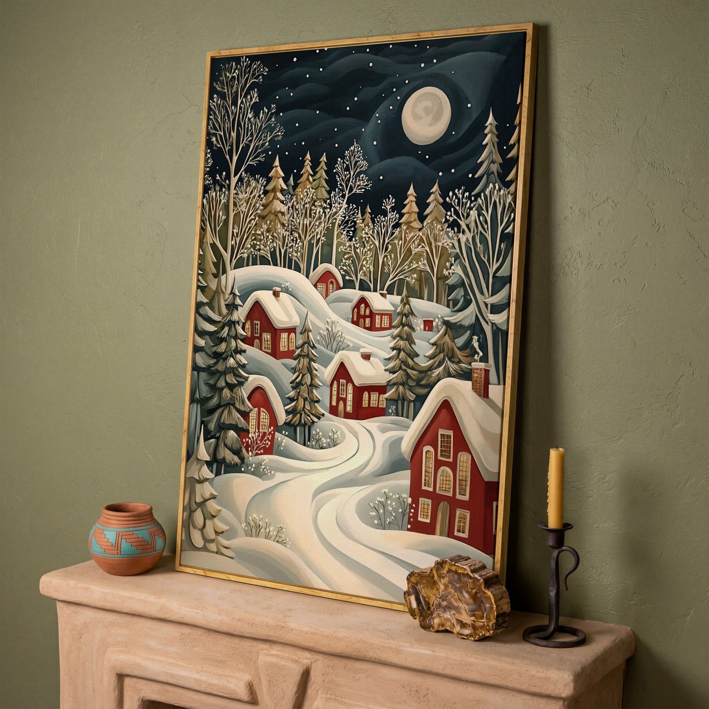 Red Christmas Village Canvas with Snowy Forest and Full Moon in white oak floating frame