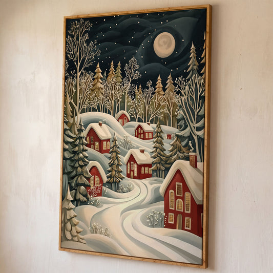 Red Christmas Village Canvas with Snowy Forest and Full Moon shown in white oak floating frame