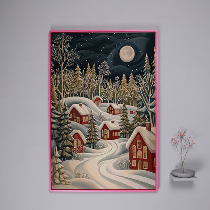 Red Christmas Village Canvas with Snowy Forest and Full Moon in pink floating frame