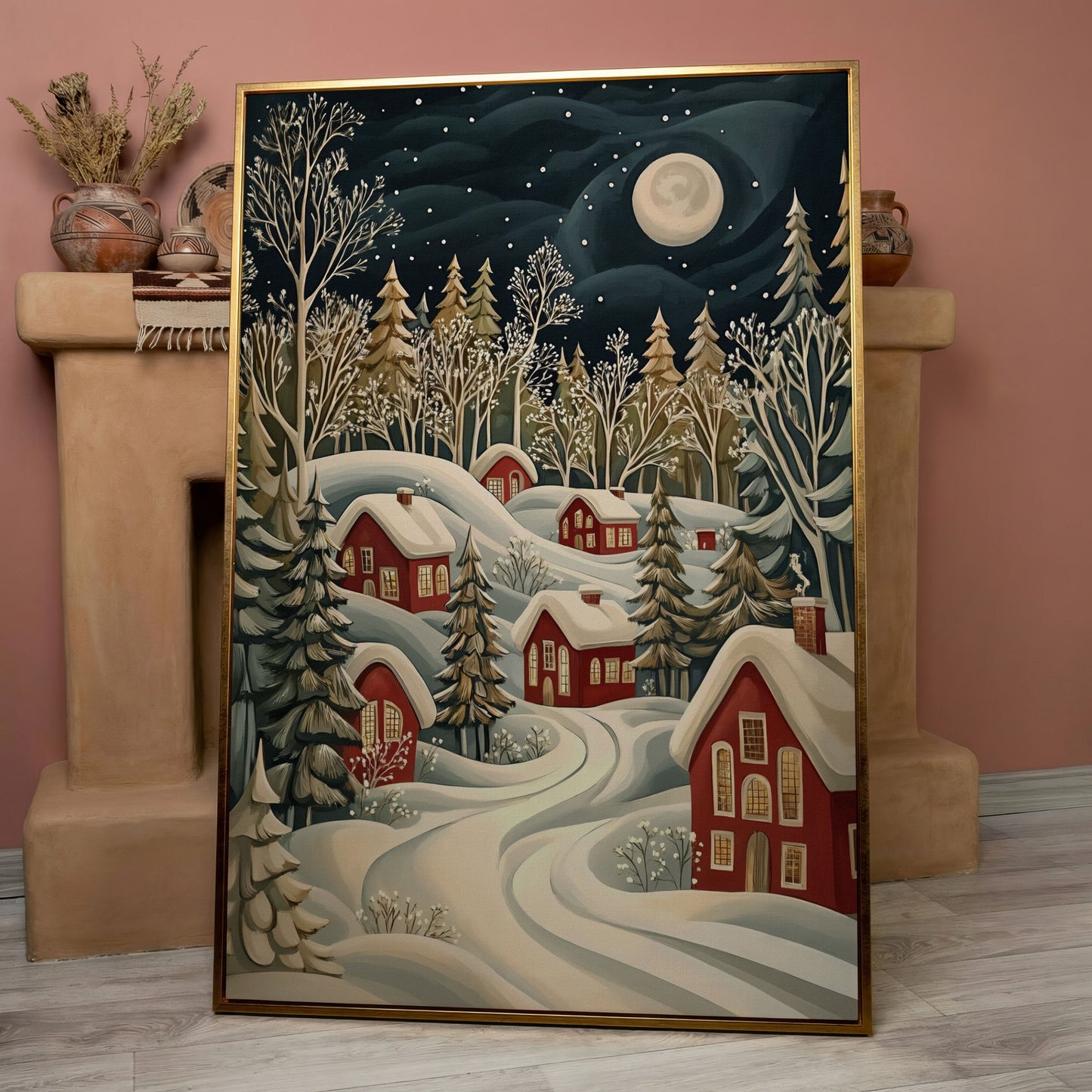Red Christmas Village Canvas with Snowy Forest and Full Moon in rose gold floating frame