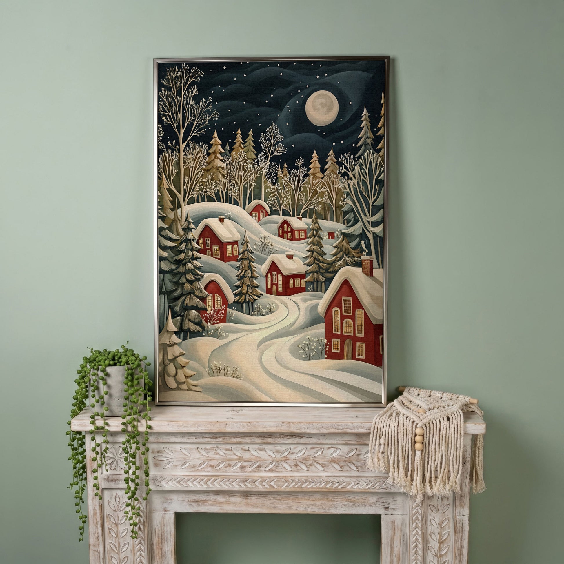 Red Christmas Village Canvas with Snowy Forest and Full Moon in silver floating frame