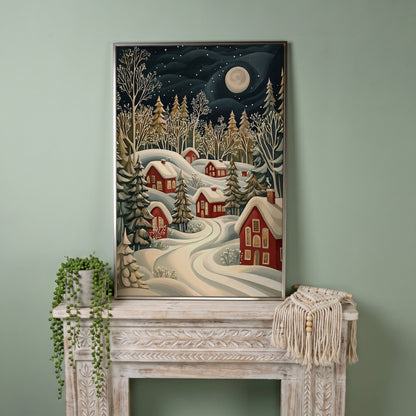 Red Christmas Village Canvas with Snowy Forest and Full Moon in silver floating frame