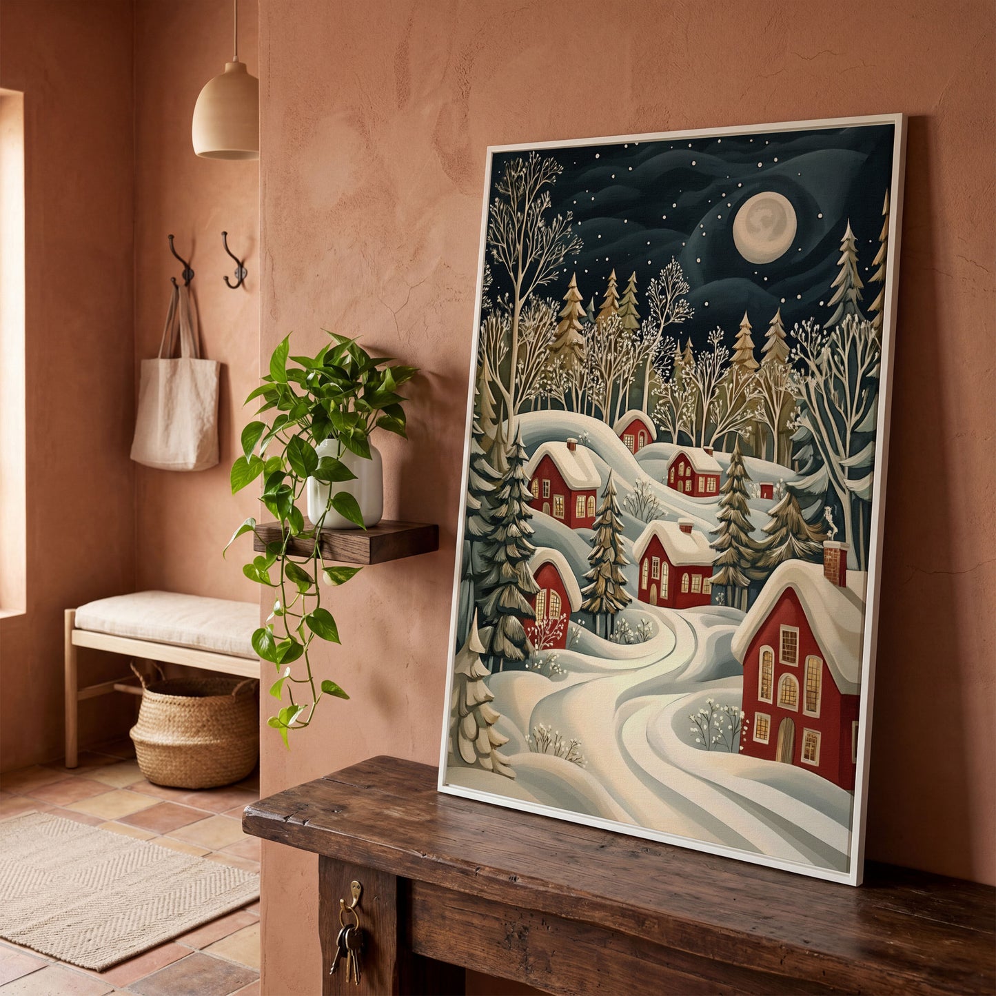 Red Christmas Village Canvas with Snowy Forest and Full Moon in white floating frame