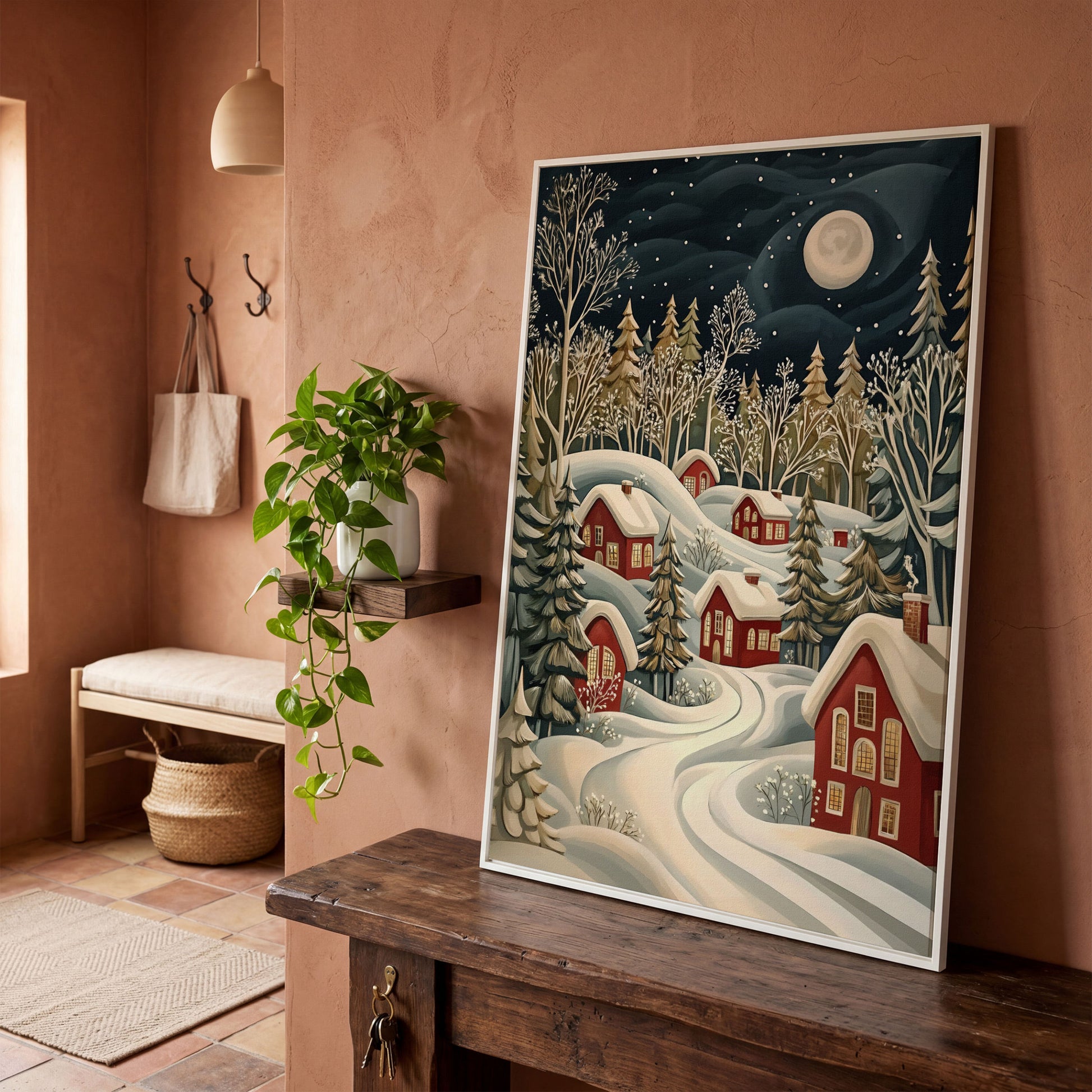 Red Christmas Village Canvas with Snowy Forest and Full Moon in white floating frame