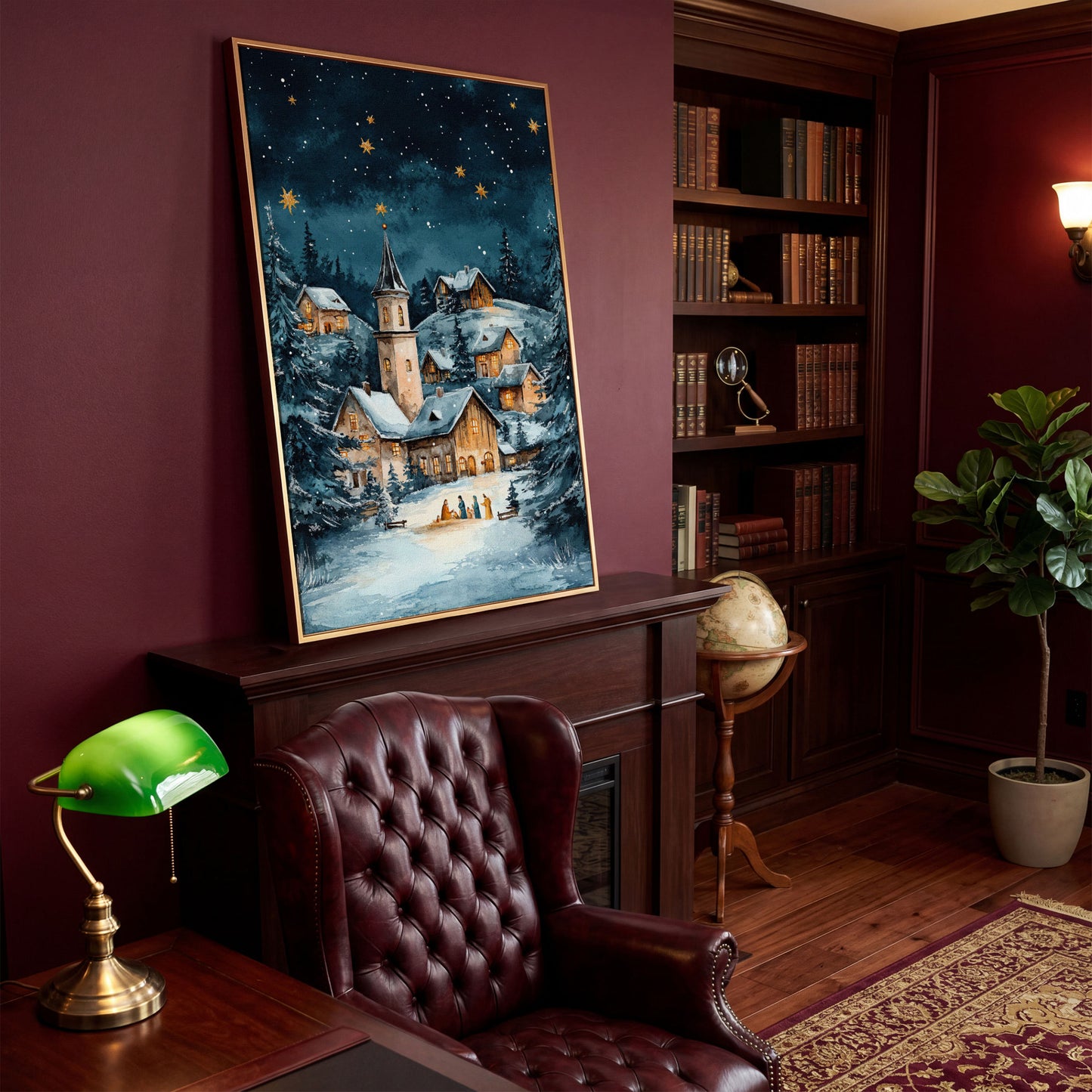 Winter Village with Starry Sky Canvas Print in antique gold floating frame