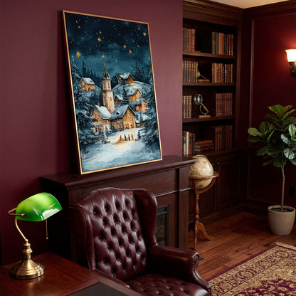 Winter Village with Starry Sky Canvas Print in antique gold floating frame
