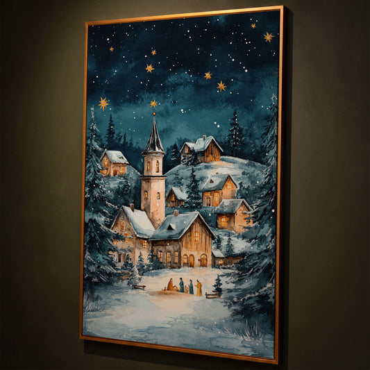 Winter Village with Starry Sky Canvas Print shown in antique gold floating frame