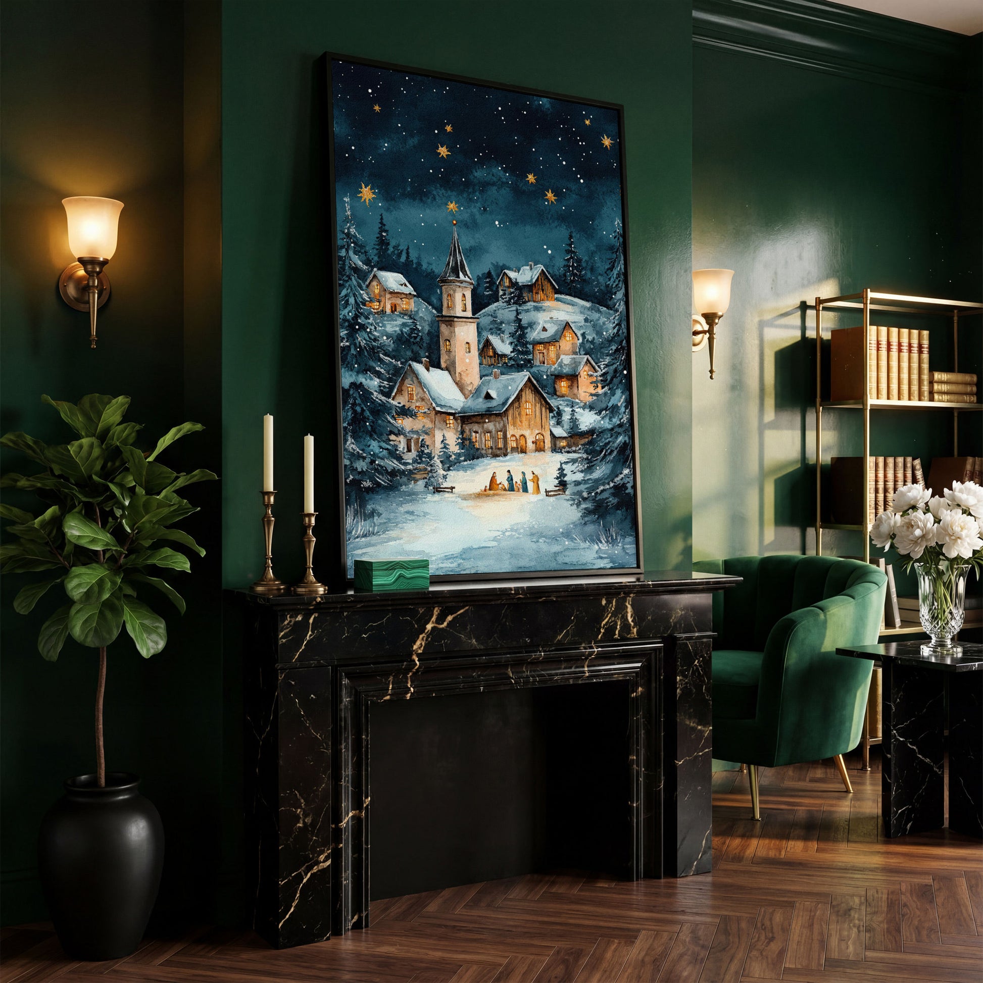Winter Village with Starry Sky Canvas Print in black floating frame