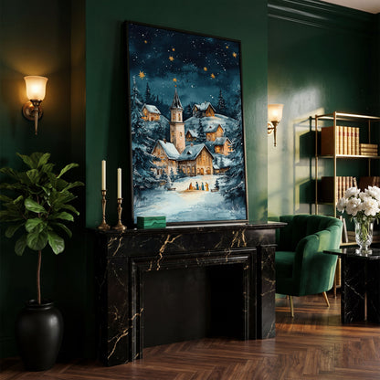 Winter Village with Starry Sky Canvas Print in black floating frame