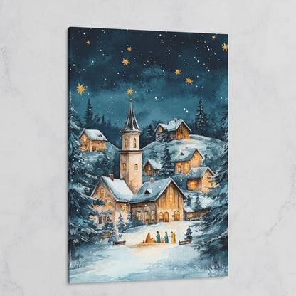 Winter Village with Starry Sky Canvas Print on gallery wrap