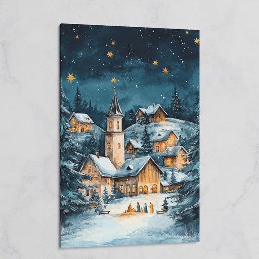 Winter Village with Starry Sky Canvas Print on gallery wrap