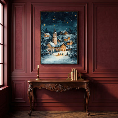 Winter Village with Starry Sky Canvas Print in dark walnut floating frame
