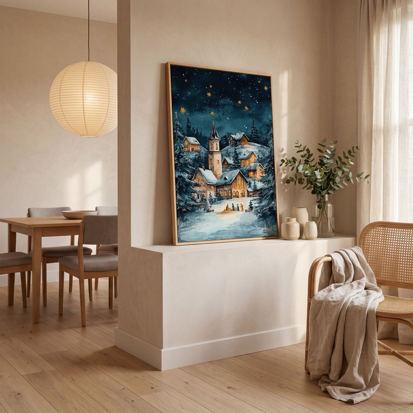 Winter Village with Starry Sky Canvas Print in white oak floating frame