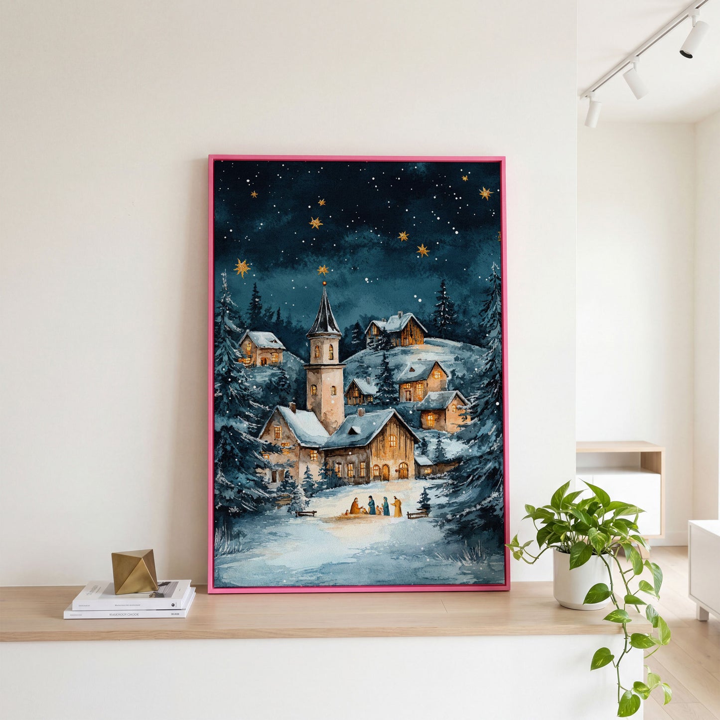 Winter Village with Starry Sky Canvas Print in pink floating frame