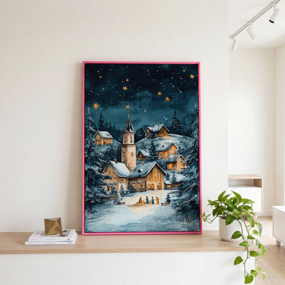 Winter Village with Starry Sky Canvas Print in pink floating frame