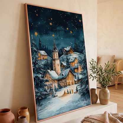 Winter Village with Starry Sky Canvas Print in rose gold floating frame