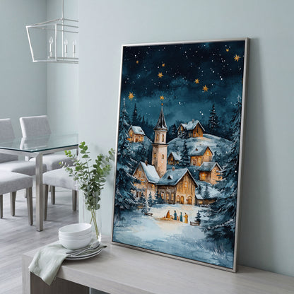 Winter Village with Starry Sky Canvas Print in silver floating frame