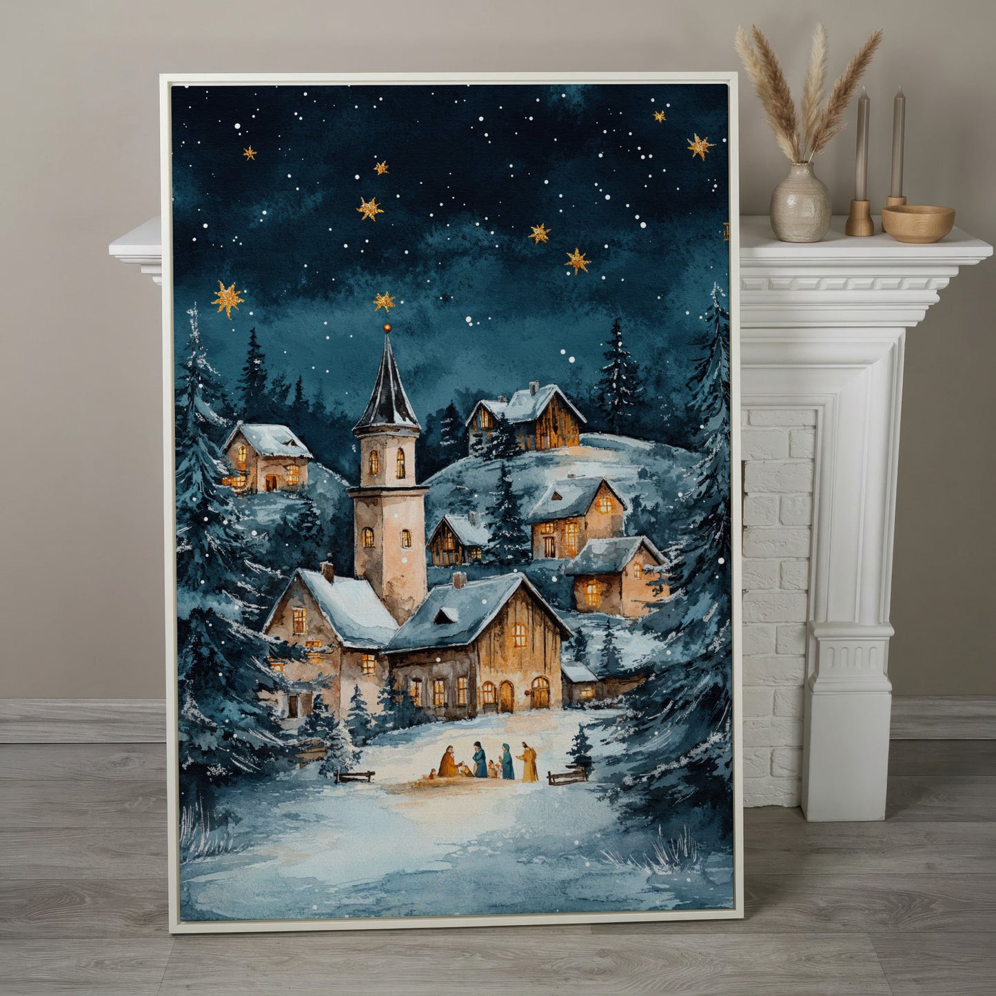 Winter Village with Starry Sky Canvas Print in white floating frame