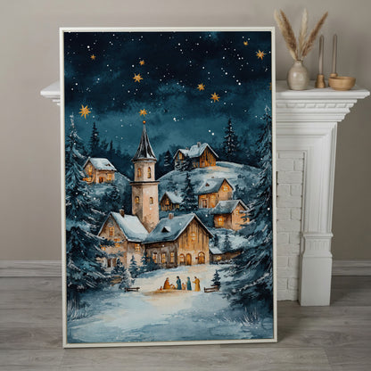 Winter Village with Starry Sky Canvas Print in white floating frame