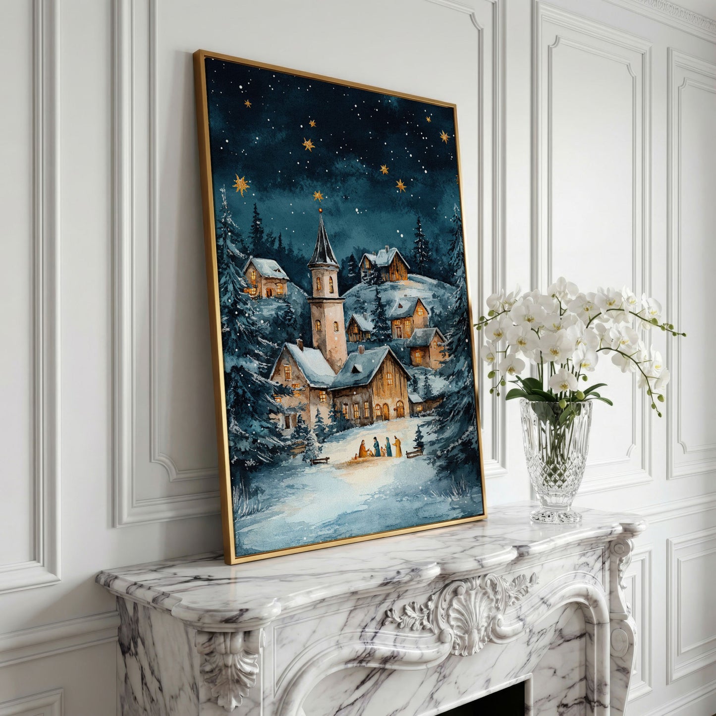 Winter Village with Starry Sky Canvas Print in yellow gold floating frame