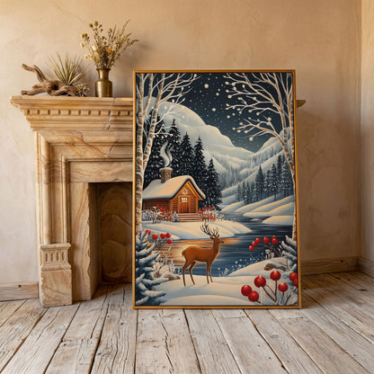 Cozy Cabin by the River Canvas Print in antique gold floating frame
