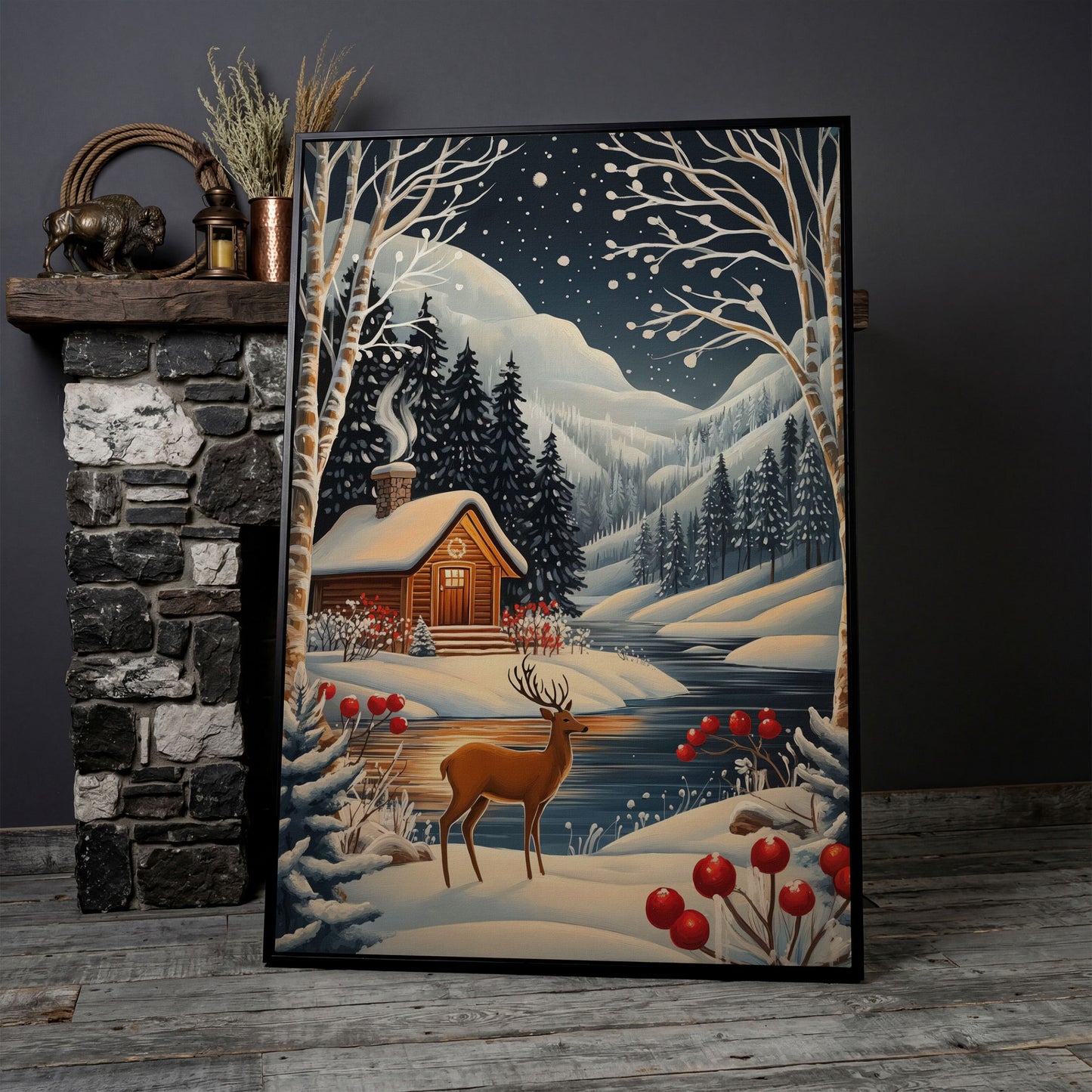 Cozy Cabin by the River Canvas Print in black floating frame
