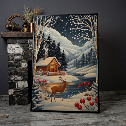 Cozy Cabin by the River Canvas Print in black floating frame