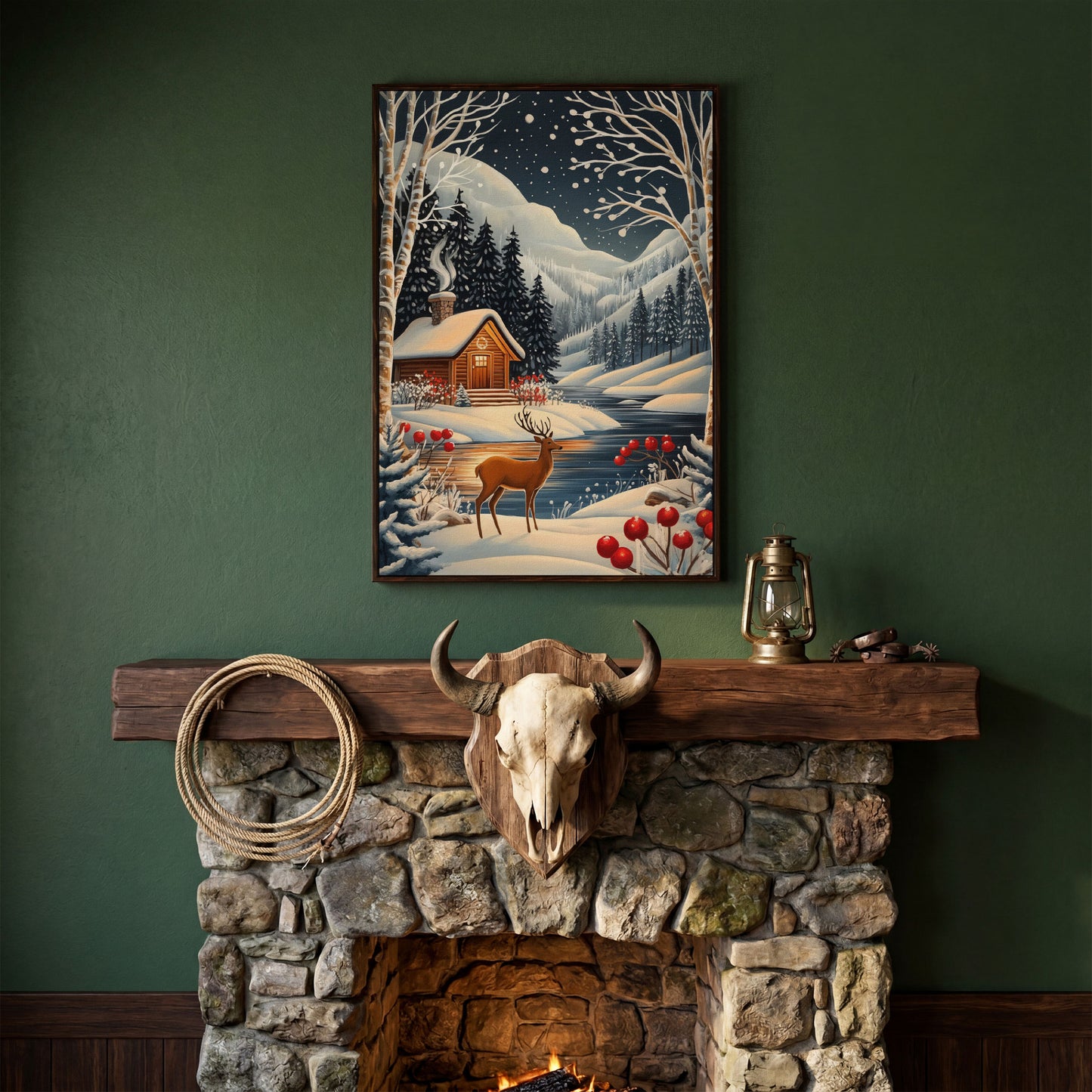 Cozy Cabin by the River Canvas Print in dark walnut floating frame