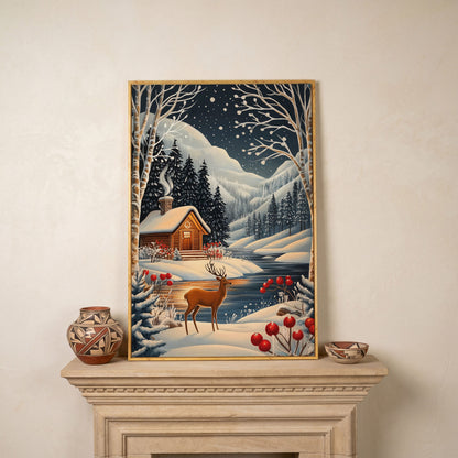 Cozy Cabin by the River Canvas Print in white oak floating frame