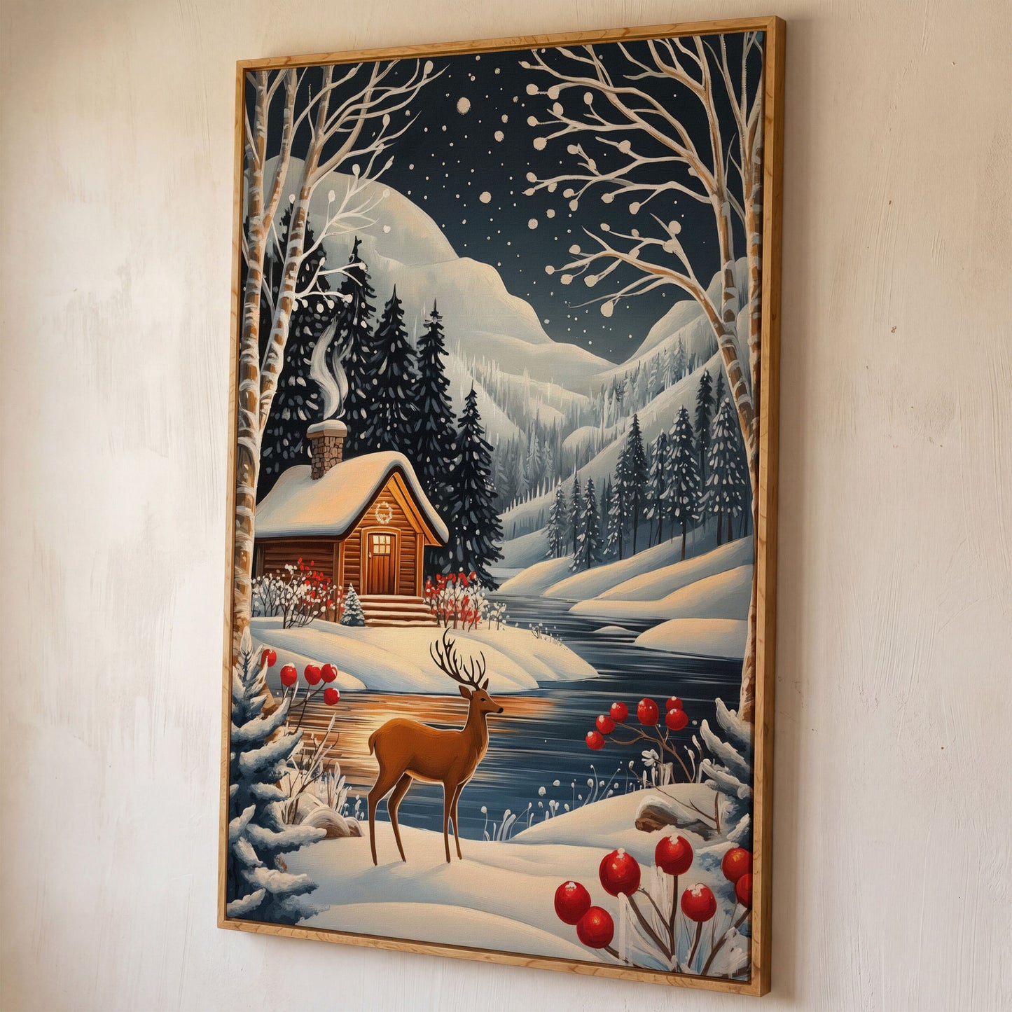 Cozy Cabin by the River Canvas Print shown in white oak floating frame