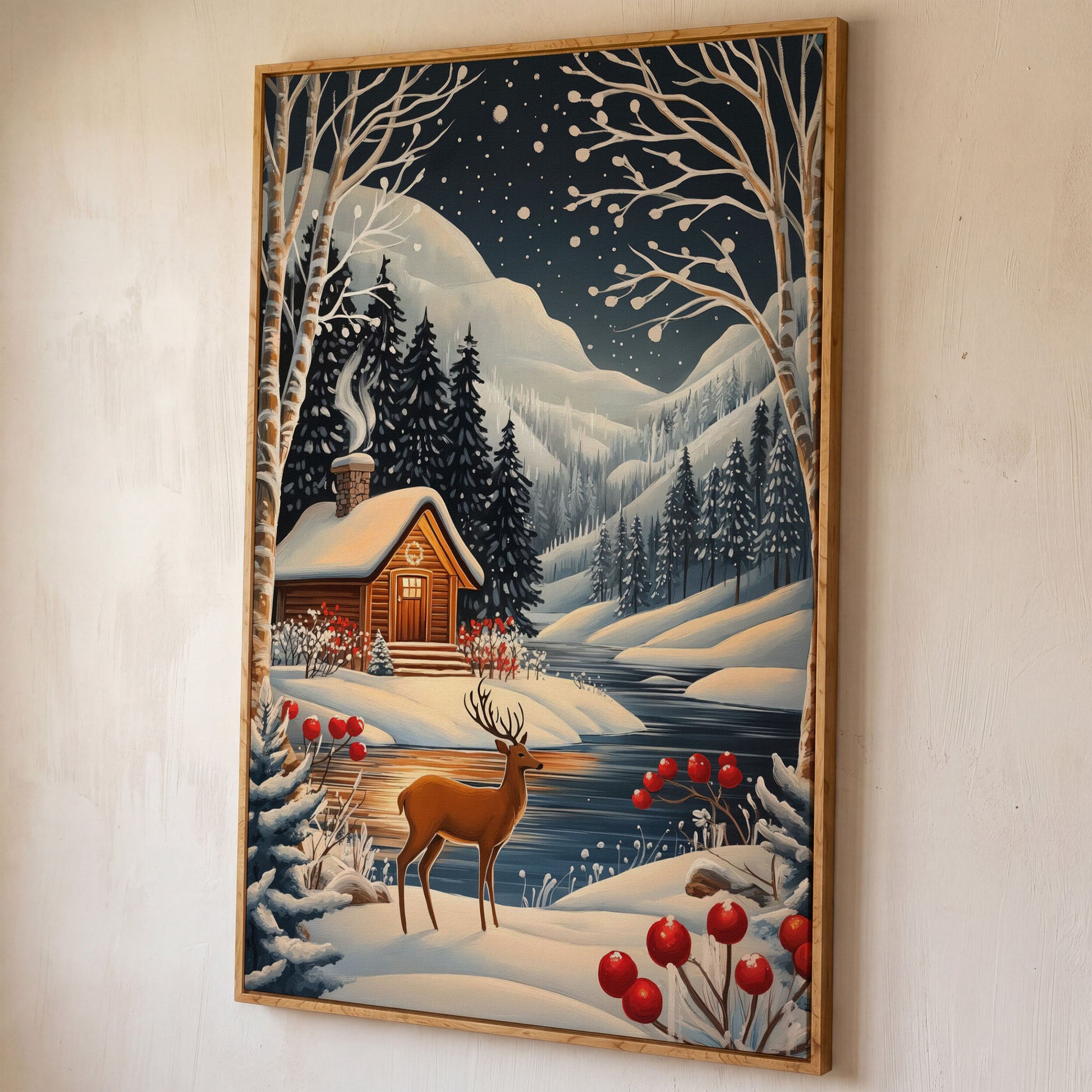 Cozy Cabin by the River Canvas Print shown in white oak floating frame