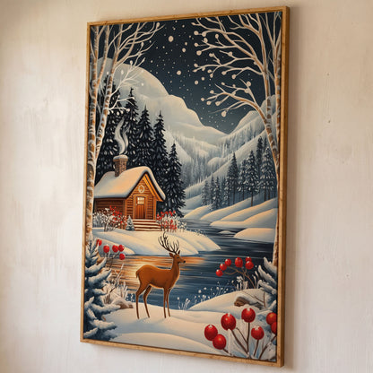 Cozy Cabin by the River Canvas Print shown in white oak floating frame