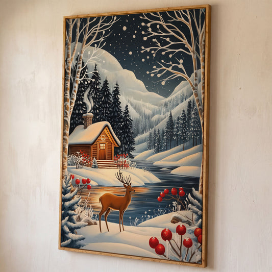 Cozy Cabin by the River Canvas Print shown in white oak floating frame