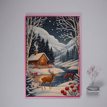 Cozy Cabin by the River Canvas Print in pink floating frame