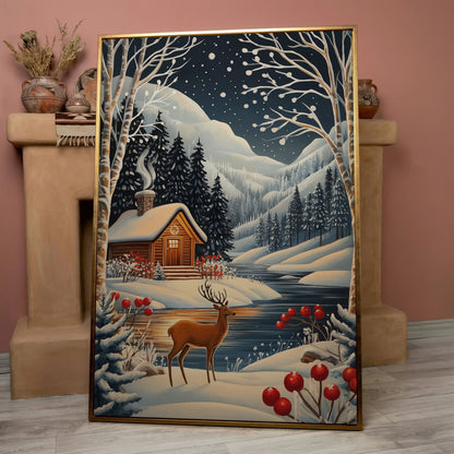 Cozy Cabin by the River Canvas Print in rose gold floating frame